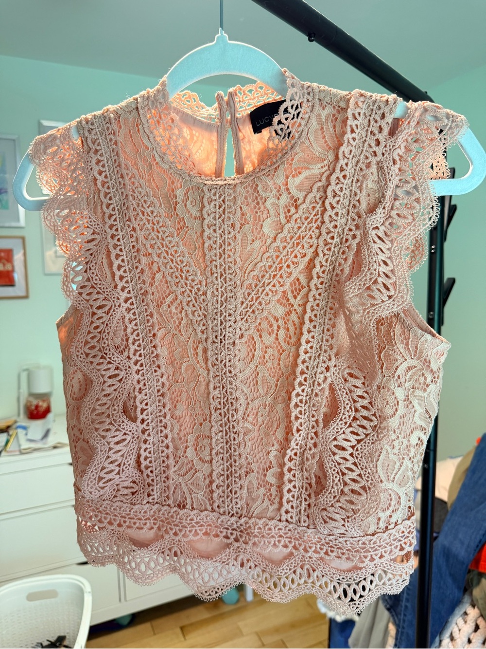 Lucy Paris Heidi Lace Ruffle Shoulder Blouse Pink XS